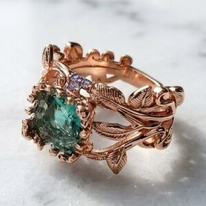 ✨ STUNNING Green Stone Sculpted Rose Gold Nature Cocktail Ring Size 8 ✨